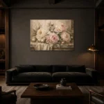 Blush & Cream Stone Ledge Peony Wall Art Canvas Print shown in a warm modern interior