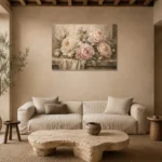 Blush & Cream Stone Ledge Peony Wall Art Canvas Print presented in a sophisticated home setting