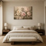 Blush & Cream Stone Ledge Peony Wall Art Canvas Print showcased in an elegant minimalist interior