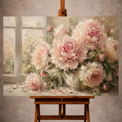 Blush and cream Peony Wall Art print for elegant interiors. No text or watermarks in design.