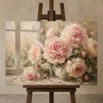 Blush & Cream Window Light Peony Wall Art Canvas Print displayed on a studio easel