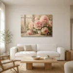 Blush & Cream Window Light Peony Wall Art Canvas Print styled in a refined neutral interior