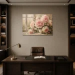 Blush & Cream Window Light Peony Wall Art Canvas Print displayed in a contemporary gallery-inspired room