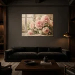 Blush & Cream Window Light Peony Wall Art Canvas Print shown in a warm modern interior
