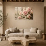 Blush & Cream Window Light Peony Wall Art Canvas Print presented in a sophisticated home setting