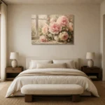 Blush & Cream Window Light Peony Wall Art Canvas Print showcased in an elegant minimalist interior