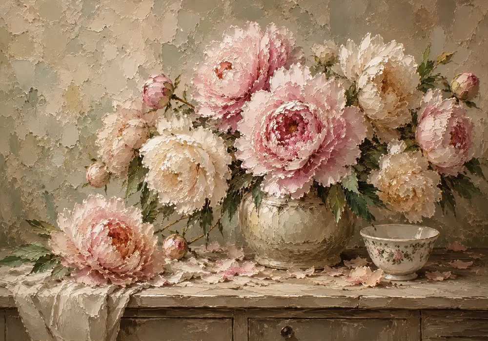 Soft Blush & Sage Still Life Peony Wall Art Canvas Print