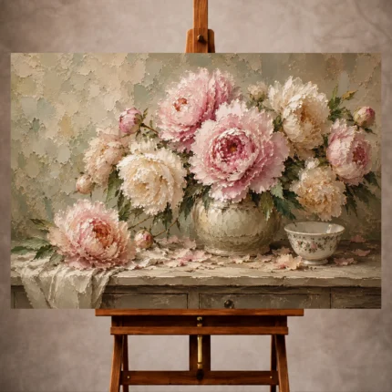 Soft blush and sage Peony Wall Art print for elegant interiors. No text or watermarks in design.
