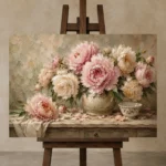 Soft Blush & Sage Still Life Peony Wall Art Canvas Print displayed on a studio easel