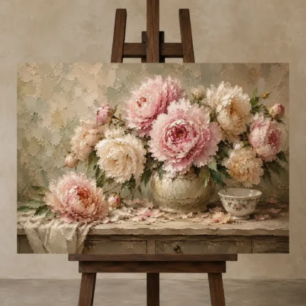 Soft Blush & Sage Still Life Peony Wall Art Canvas Print displayed on a studio easel
