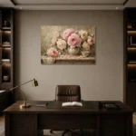 Soft Blush & Sage Still Life Peony Wall Art Canvas Print displayed in a contemporary gallery-inspired room