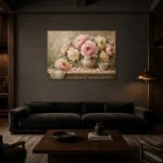 Soft Blush & Sage Still Life Peony Wall Art Canvas Print shown in a warm modern interior