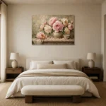 Soft Blush & Sage Still Life Peony Wall Art Canvas Print showcased in an elegant minimalist interior
