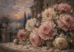 Dusty Blush & Smoky Blue Terrace Peony Wall Art Canvas Print