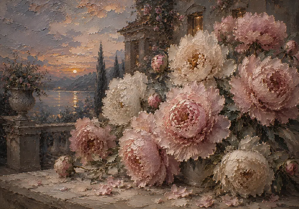 Dusty Blush & Smoky Blue Terrace Peony Wall Art Canvas Print