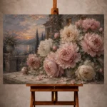 Dusty blush and smoky blue Peony Wall Art print for elegant interiors. No text or watermarks in design.