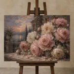 Dusty Blush & Smoky Blue Terrace Peony Wall Art Canvas Print displayed on a studio easel