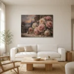 Dusty Blush & Smoky Blue Terrace Peony Wall Art Canvas Print styled in a refined neutral interior