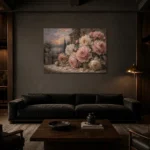 Dusty Blush & Smoky Blue Terrace Peony Wall Art Canvas Print shown in a warm modern interior