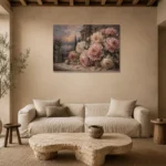 Dusty Blush & Smoky Blue Terrace Peony Wall Art Canvas Print presented in a sophisticated home setting