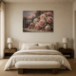 Dusty Blush & Smoky Blue Terrace Peony Wall Art Canvas Print showcased in an elegant minimalist interior