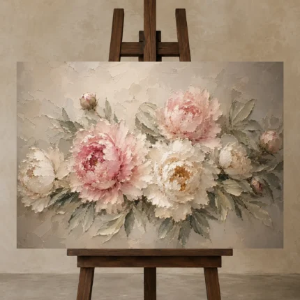 Blush Pink & Greige Sculptural Peony Wall Art Canvas Print shown in Studio Easel