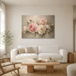 Blush Pink & Greige Sculptural Peony Wall Art Canvas Print styled in a refined neutral interior