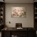 Blush Pink & Greige Sculptural Peony Wall Art Canvas Print displayed in a contemporary gallery-inspired room