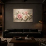 Blush Pink & Greige Sculptural Peony Wall Art Canvas Print shown in a warm modern interior