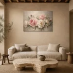 Blush Pink & Greige Sculptural Peony Wall Art Canvas Print presented in a sophisticated home setting