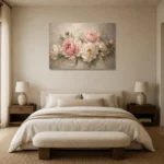 Blush Pink & Greige Sculptural Peony Wall Art Canvas Print showcased in an elegant minimalist interior