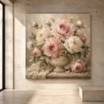 Cream and blush Peony Wall Art print for elegant interiors. No text or watermarks in design.