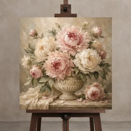Cream & Blush Stone Vessel Peony Wall Art Canvas Print shown in Studio Easel