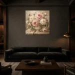 Cream & Blush Stone Vessel Peony Wall Art Canvas Print shown in a warm modern interior