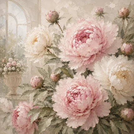 Blush Pink & Pale Stone Conservatory Peony Wall Art Canvas Print