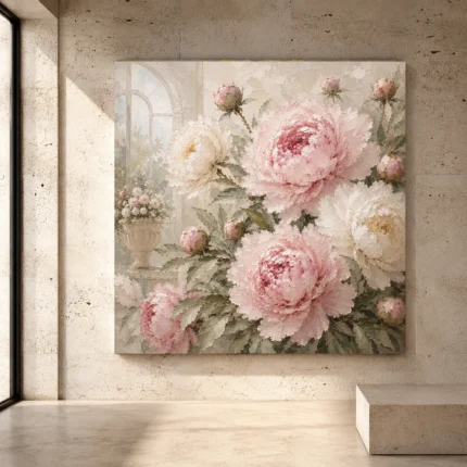 Blush pink and pale stone Peony Wall Art print for elegant interiors. No text or watermarks in design.