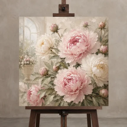 Blush Pink & Pale Stone Conservatory Peony Wall Art Canvas Print shown in Studio Easel