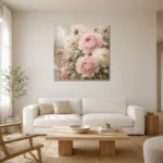 Blush Pink & Pale Stone Conservatory Peony Wall Art Canvas Print styled in a refined neutral interior