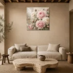 Blush Pink & Pale Stone Conservatory Peony Wall Art Canvas Print presented in a sophisticated home setting