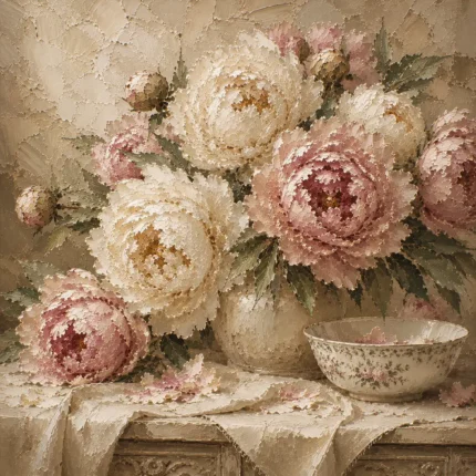 Creamy Ivory & Dusty Blush Still Life Peony Wall Art Canvas Print