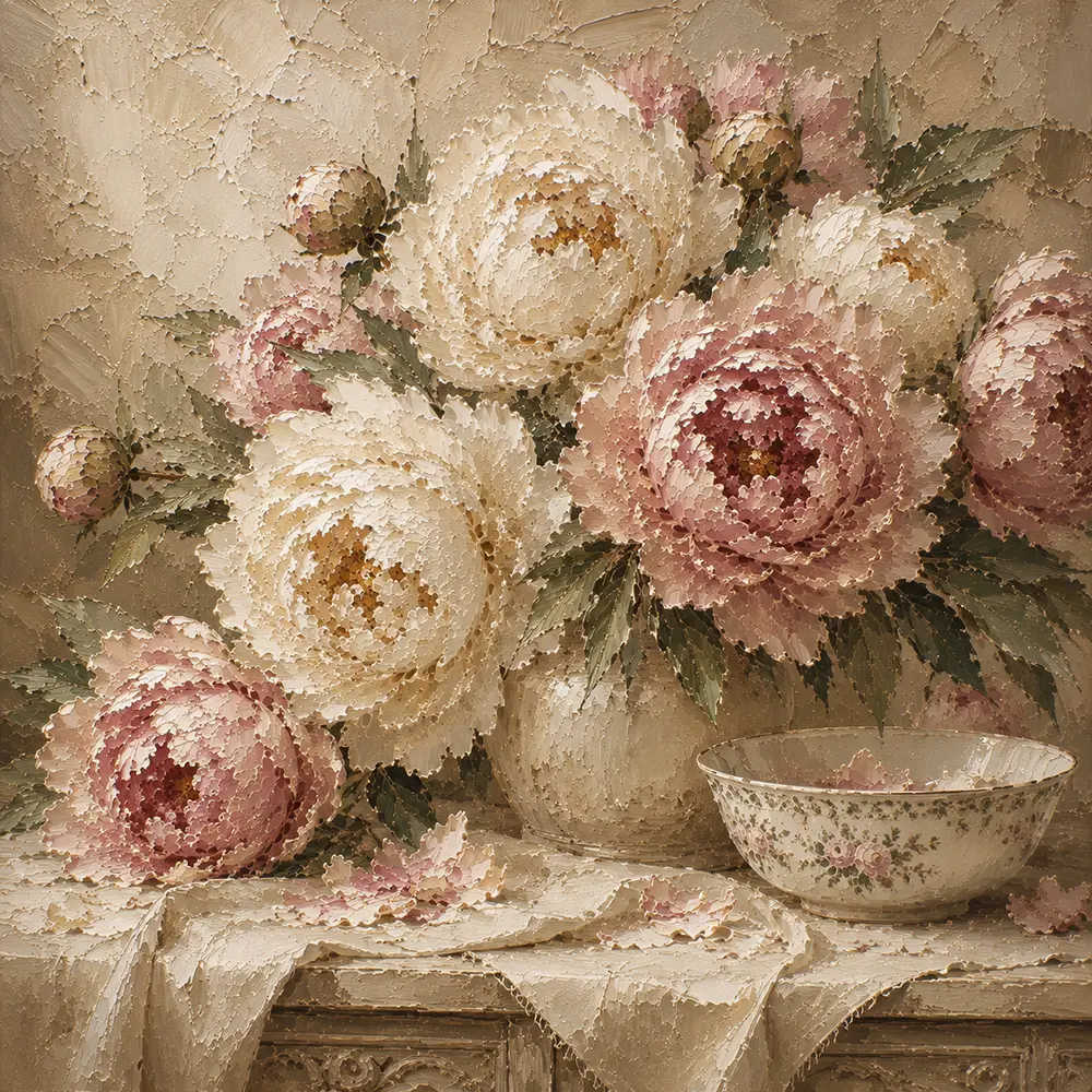 Creamy Ivory & Dusty Blush Still Life Peony Wall Art Canvas Print