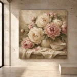 Creamy ivory and dusty blush Peony Wall Art print for elegant interiors. No text or watermarks in design.
