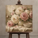 Creamy Ivory & Dusty Blush Still Life Peony Wall Art Canvas Print displayed on a studio easel