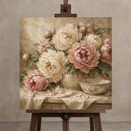 Creamy Ivory & Dusty Blush Still Life Peony Wall Art Canvas Print shown in Studio Easel