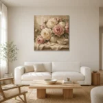 Creamy Ivory & Dusty Blush Still Life Peony Wall Art Canvas Print styled in a refined neutral interior