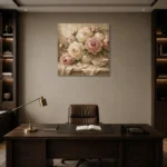 Creamy Ivory & Dusty Blush Still Life Peony Wall Art Canvas Print displayed in a contemporary gallery-inspired room