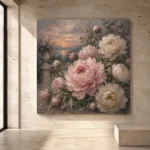 Blush and smoky gray Peony Wall Art print for elegant interiors. No text or watermarks in design.