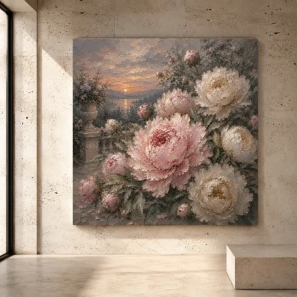 Blush and smoky gray Peony Wall Art print for elegant interiors. No text or watermarks in design.