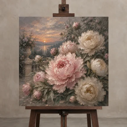Blush & Smoky Gray Garden Peony Wall Art Canvas Print shown in Studio Easel