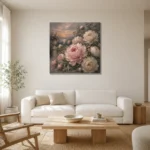 Blush & Smoky Gray Garden Peony Wall Art Canvas Print styled in a refined neutral interior